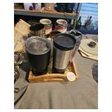 Wood tray, Budweiser mugs and thermal mugs
