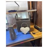 Wood box, tin pitcher, heart wall hanging and air