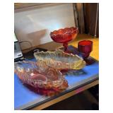 Flash Glass compote and 2 dishes and a ruby red