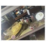 2 matching stainless mugs, glass dish, scoop &