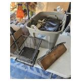 Tote purses, metal basket and shelf