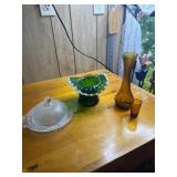 Vintage Butter dish, green ruffled edge Hat,