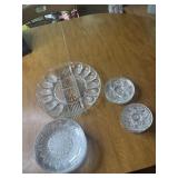 Egg & relish plate, glass bowls & coasters