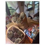 Bag & basket of pine cones and box of craft