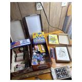 Craft items and paint, vintage cards and