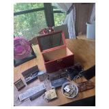 Small train case, travel clock, vintage glasses