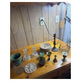 Wire basket, vase, flower frog, candle holders,