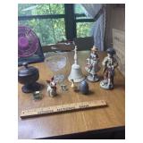 Wood dish with lid, bell, figurines and more