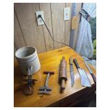 Vintage Crock, hand mixer, rolling pin and knives