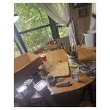 Cutting board, creamers nut choppers, crock with