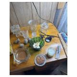 Glass candy dishes, pitchers owl S&P shakers, and