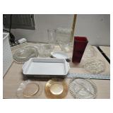 Pressed glass. Pink plate, baking pan and more