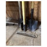 Post Hole diggers, rake & 2 Shovels