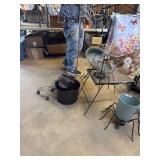 Patio table bird bat, plant dolleys, planters and