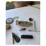 Vintage Tin windup boat works, harmonica, wood