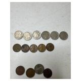 6 Buffalo Nickels 5 wheat Pennie