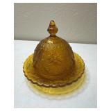 Indiana Glass Tiara Amber Covered Round Butter