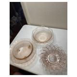 3 pieces of Pink Depression glass 2 serving and 1