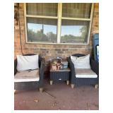 2 patio chairs, table and planters- will need new