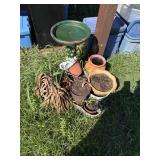 Bird bath, strawberry pot and other planters