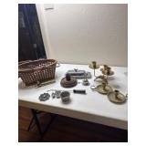 Brass nut cracker, basket, candle holders butter