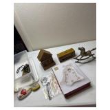 Brass rocking horse, banks, tools, Mikasa plate