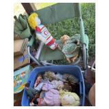 Tote full of dolls and box with