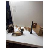 Decorative bird house, copper leaf wall hangings.
