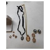 Cameo necklace-2 cameo clipon- 2 pair and extras