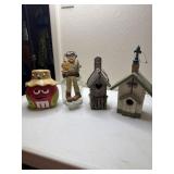 M&M jar, fisherman candy jar & 2 decorative bird