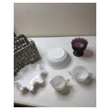 Basket with milk glass ruffled edge bowl, creamer
