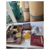 Vintage jacks, bells, jewelry box cigar box and