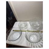 3 large glass serving bowls and 1 footed candy