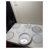 Pyrex and Corning Ware pie plates, juicer, a