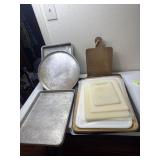 Cookie sheets, pizza tray, cutting boards and