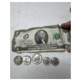 1976 $2 bill and coins