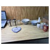 Vintage Glass Canisters, crock bowl with chip,