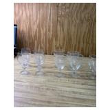 4 sherry glasses and 5 etched glass wine glasses
