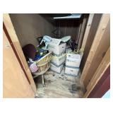 VINTAGE OFFICE CHAIR, BOXES, WICKER STOOL
