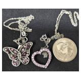 2 .925 Necklaces Pink Tourmaline Butterfly & Heart