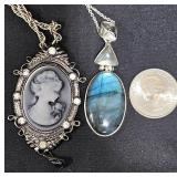 Pair of Necklaces - Cameo & .925 w Blue Stone