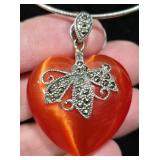 Sterling Silver Marcasite Red Heart Necklace