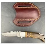 Titan Damascus Pocket Knife w Leather Sheath