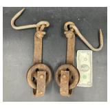 Pair Vintage Meat Hooks w Trolley Wheels
