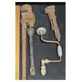 Vintage Hand Drill, Monkey Wrench, Pipe Wrench +