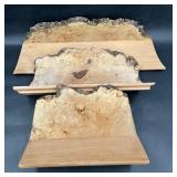 3 Live Edge Maple Wood Wall Shelves w Burl