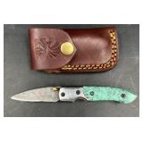Titan Damascus Pocket Knife w Leather Sheath