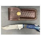 Titan Damascus Pocket Knife w Leather Sheath