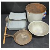 Antique Bed Pan, Bucket, Cast Iron Skillet +