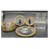 Vintage Gold Rimmed Plates, Cake, Glasses